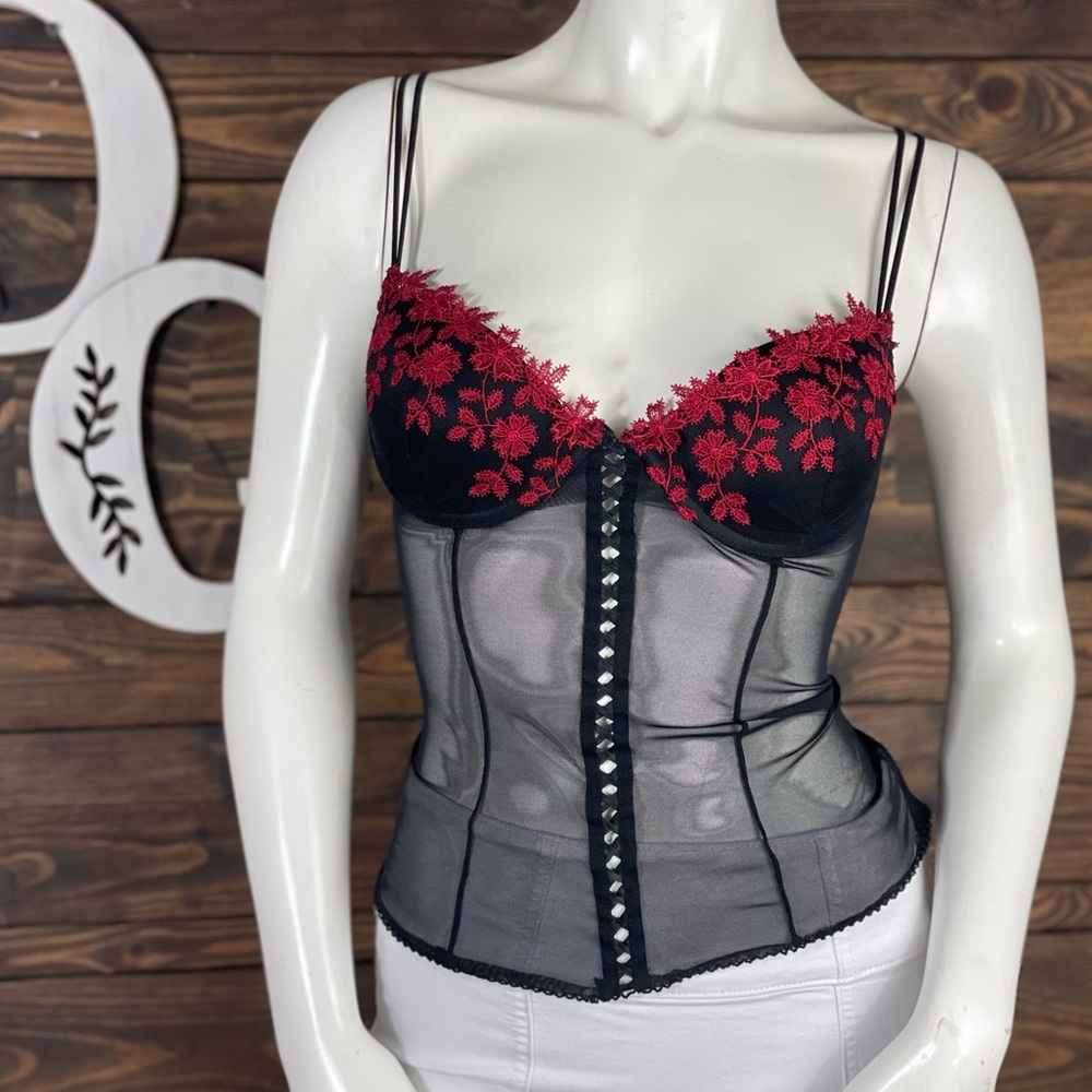 Delicates | Black and Red Floral Lace Bustier Lattice Tie Up Mesh Vintage Y2K